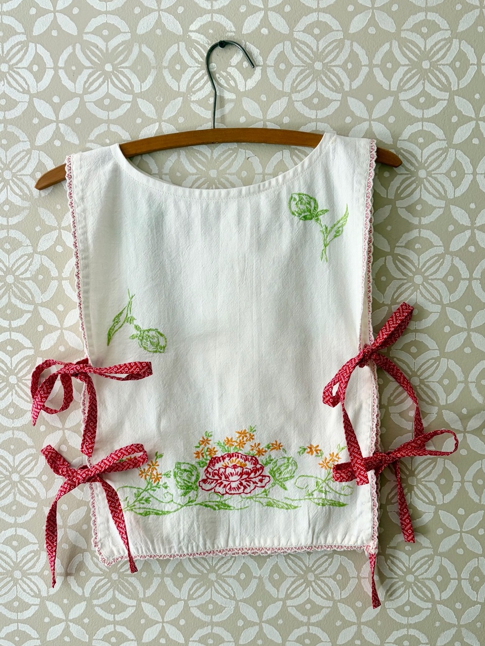 Hand-Embroidered Floral Tank with Side ties-Handmade from vintage table runner